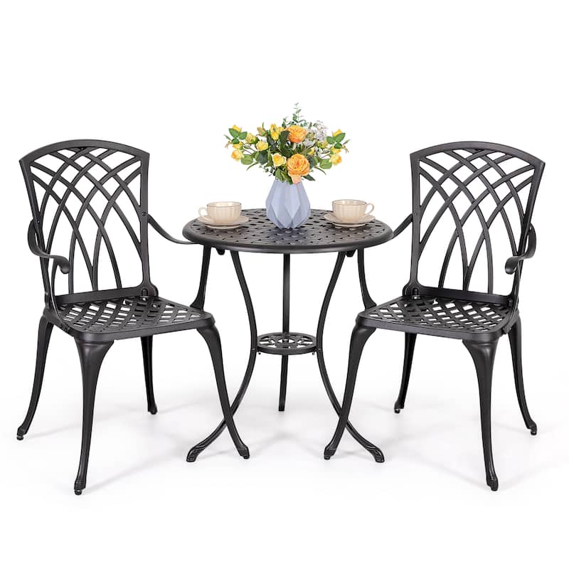 24 Inch Cast Aluminum Bistro Table with Umbrella Hole and 2 Bistro Chairs - Black