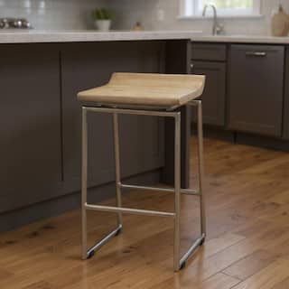 HomeRoots 25" Natural and Silver Solid Wood and Iron Low Back Counter Height Bar Chair