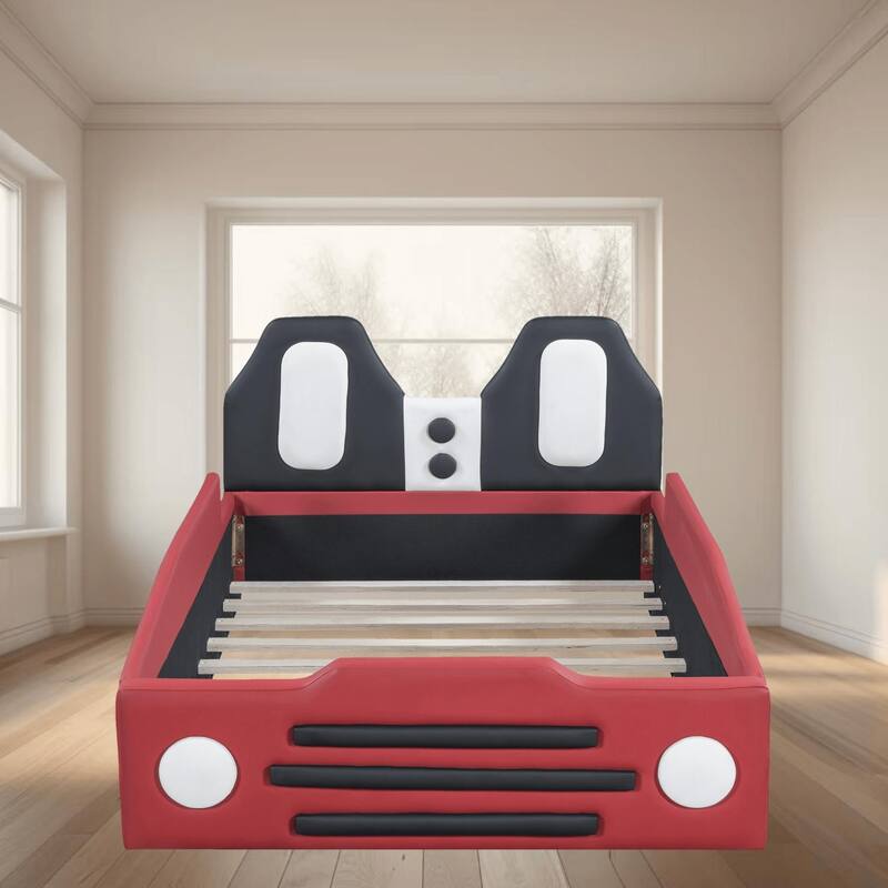 Twin Size Race Car-Shaped PU Leather Upholstery Platform Bed Frame with Wheels, Fun and Functional Design, for Kids Boys Girls - Red - Twin