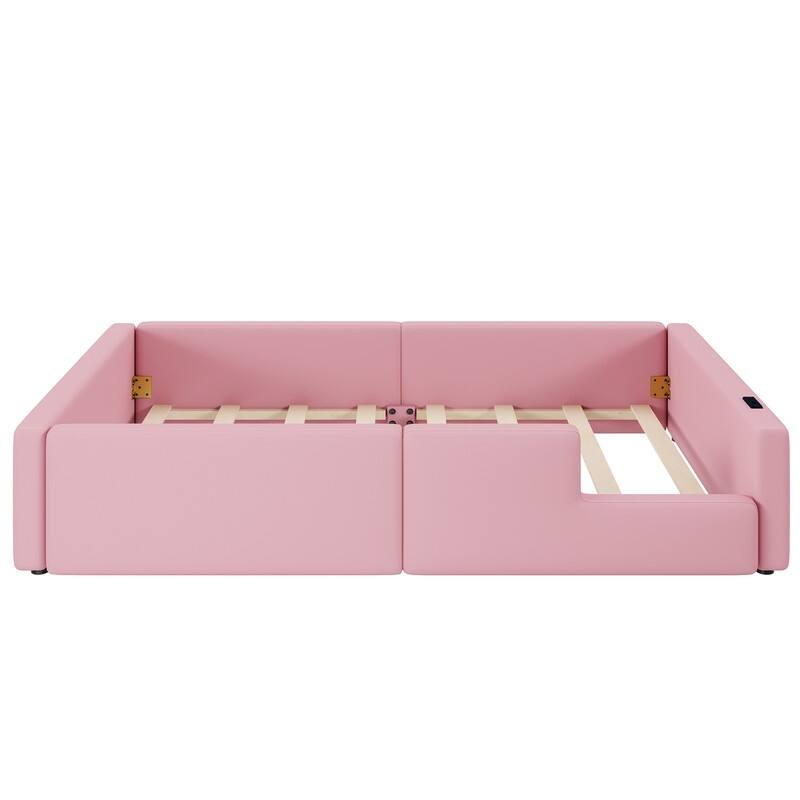 Twin Size Upholstered Platform Bed with Guardrail and Charging Station