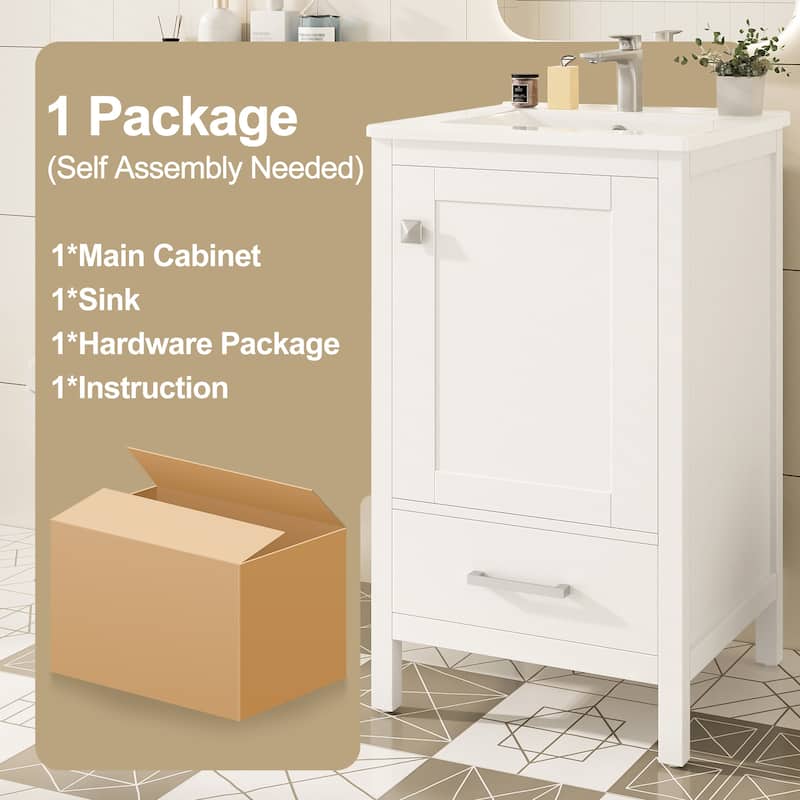20-Inch Modern Bathroom Vanity with Ceramic Sink, Soft-Close Drawer & Door, Double-Layer Door Organizer, Divider Drawer