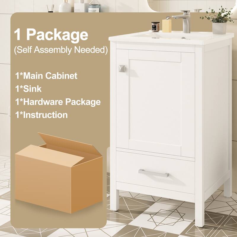Roomfitters 20" Modern Bathroom Vanity with Ceramic Sink, Soft-Close Drawer and Door, Divider Drawer, Storage Rack