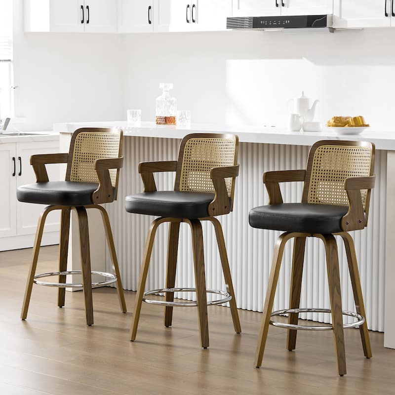 Upholstered Swivel Barstool with Arms and Bentwood Legs - 40.8"H x 18.9"W x 19.5"D/19.3"D