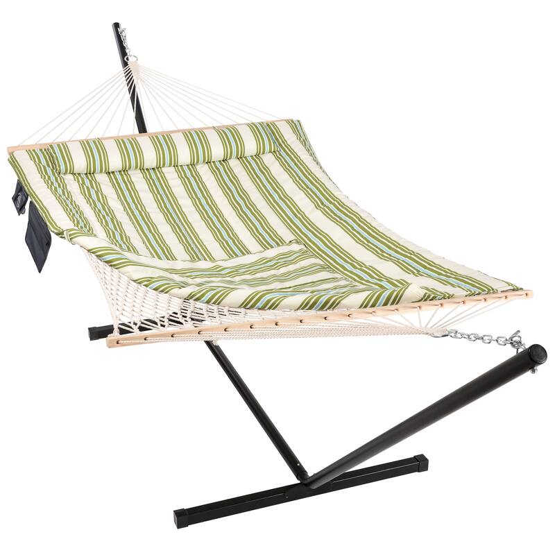 Hammock Double Hammock with Stand, Two Person Cotton Rope Hammock - 147.6(L)*52(W)*47.6(H) - Green&Yellow
