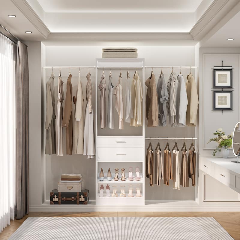 69-96" W Adjustable Closet System with 2 Wooden Drawers and 2 Hanging Rods,Closet Organizer with Shoe Rack for Walk-in/Reach-in