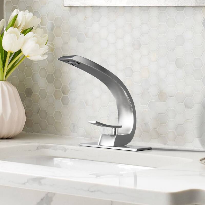 Modland C-Shaped Single Hole Bathroom Faucet, 500K Cycle CUPC Certified, 6-Inch Cover Plate, Black / Gold / Nickel / Chrome