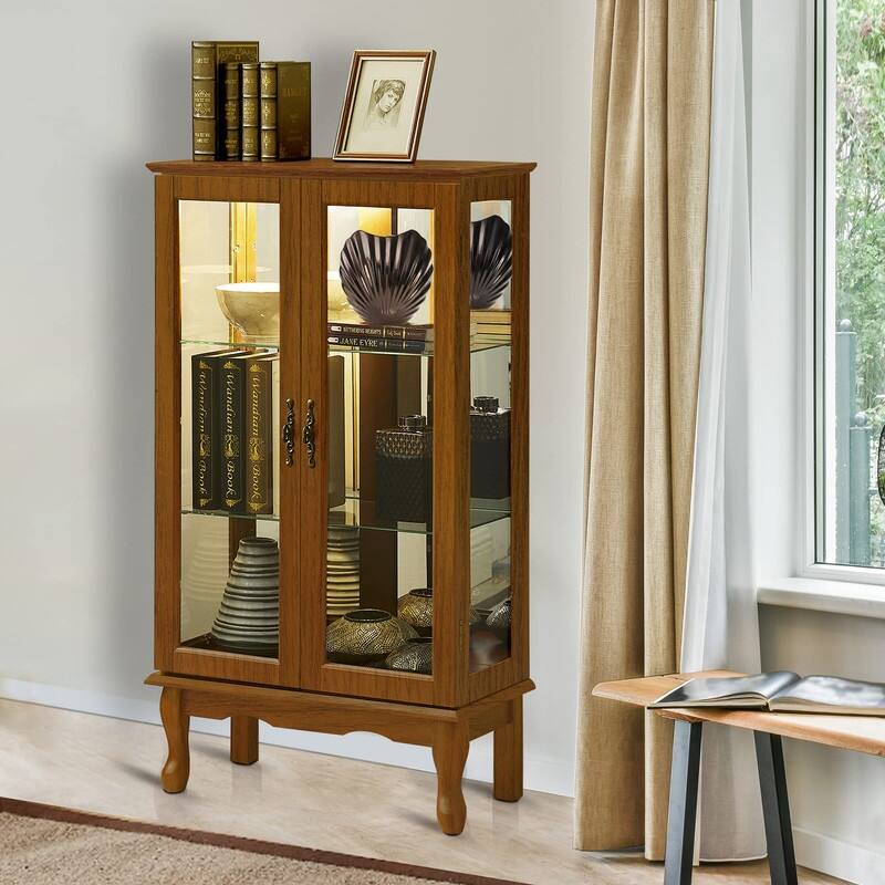 Curio Cabinet Lighted Diapaly Cabinet Wooden Shelving Unit with Adjustable Shelves and Mirrored Back Panel, Tempered Glass Doors