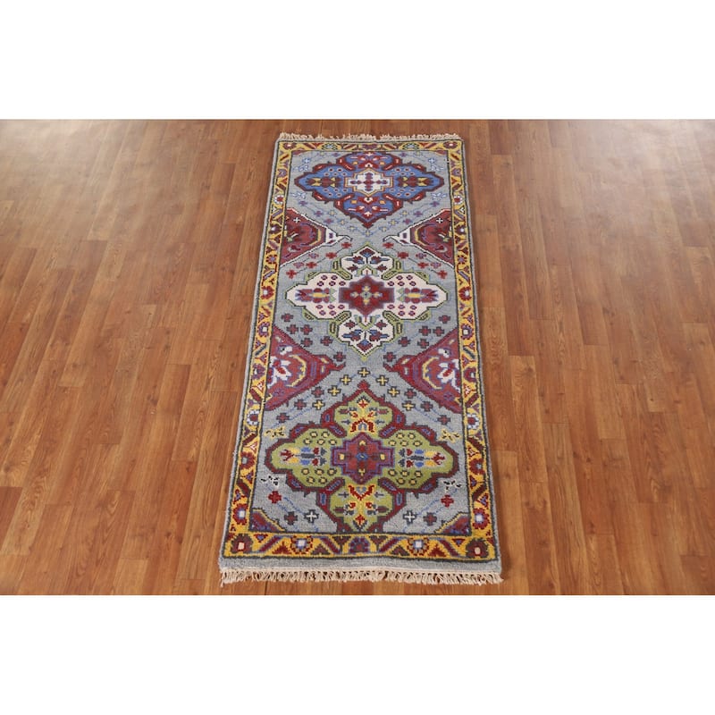 Geometric Kazak Indian Accent Area Rug Handmade Wool Carpet - 2'6"x 5'10"