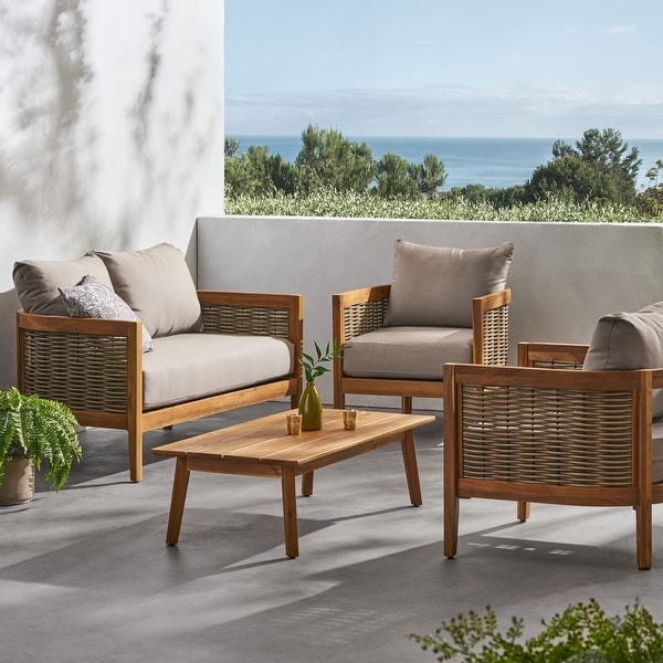 Burchett Outdoor Acacia Wood and Wicker 4 Seater Chat Set with