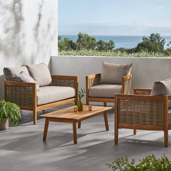 Burchett Outdoor Acacia Wood and Wicker 4 Seater Chat Set with Optional Sunbrella Cushions by Christopher Knight Home