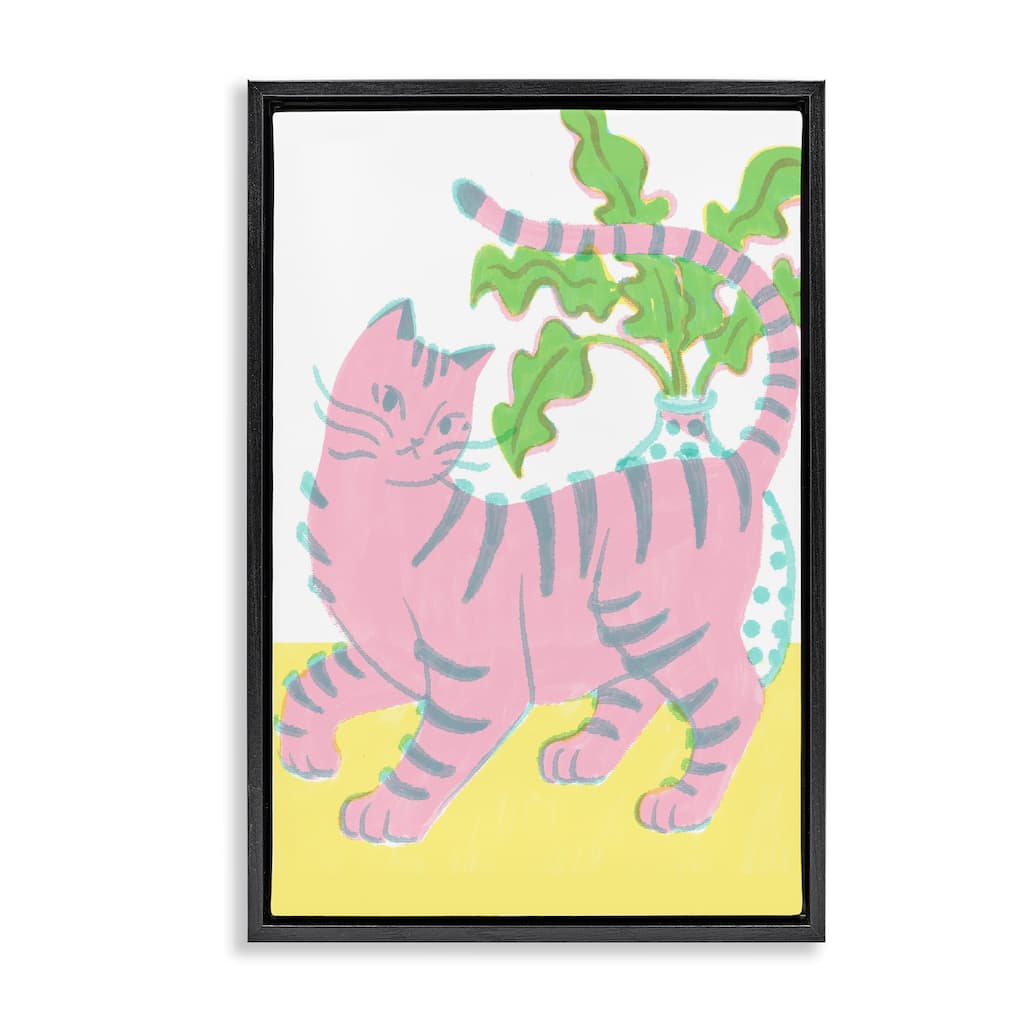 Stupell Pink Cat & House Plant Framed Floater Canvas Wall Art Design By Hannah Moren
