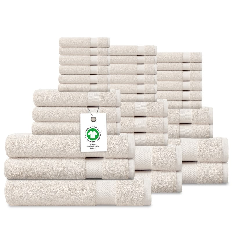 Delara Organic Cotton Luxuriously Plush Bath Towel 33 Piece Set |GOTS & OEKO-TEX Certified |650 GSM Long Staple|Soft & Quick Dry - Ivory