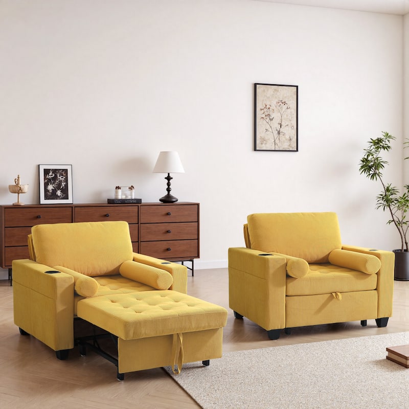 Corduroy Upholstered Accent Chair Convertible Sleeper Chair Set of 2 - Convertible Sleeper Chair - YELLOW/Sleeper