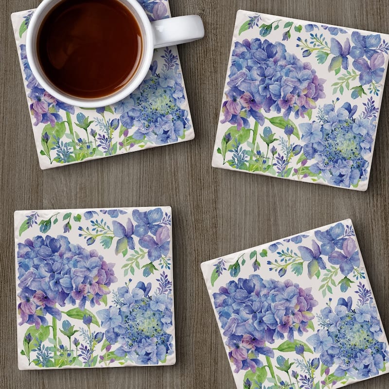 CounterArt Beautiful Hydrangea Absorbent Stone Tumbled Tile Coaster Set of 4 Made in The USA Protective Cork Backing