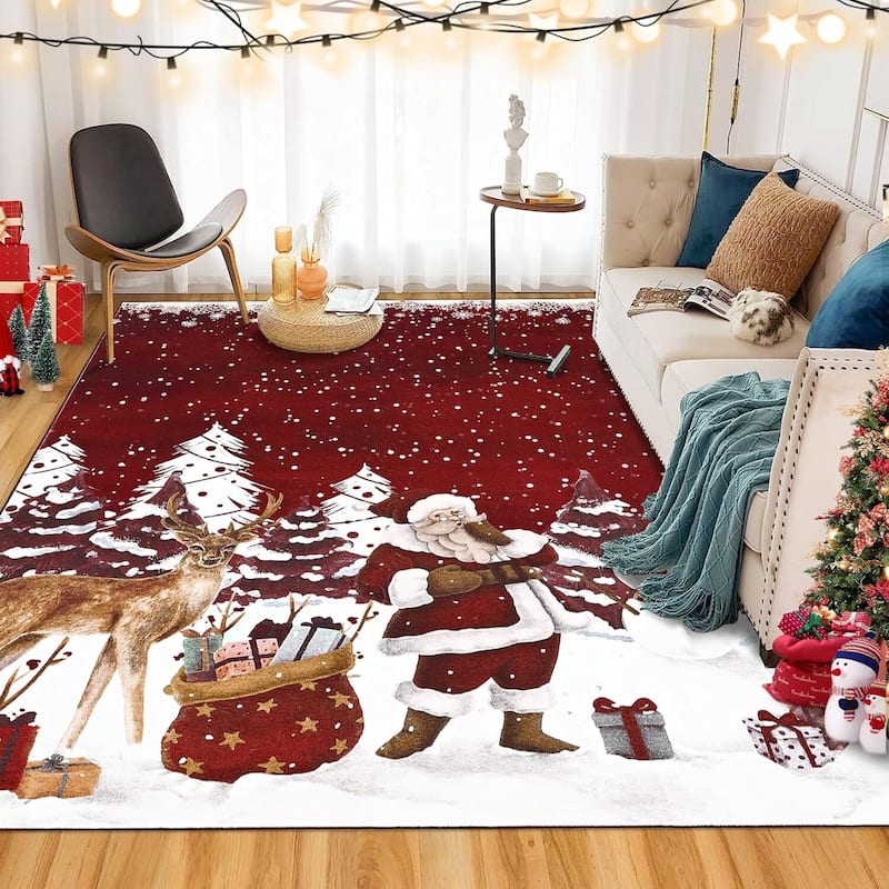 Soft Non-Slip Washable Christmas Santa Claus Aera Rugs, Xmas Holiday Decor, Red - 4*6ft
