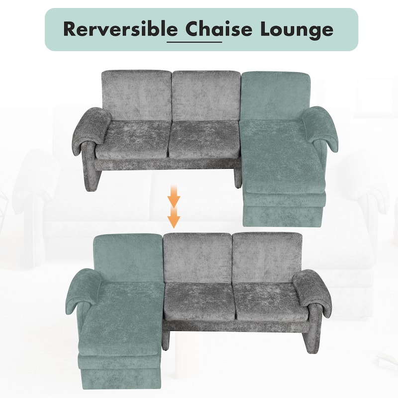 94.1" Convertible Futon Sofa Bed, Adjustable Backrest, Reversible Chaise, Detachable Pillows, Gray Chenille, Living Room