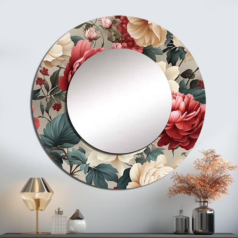 Designart "Antique Rose Muted Green Garden" Floral Living Room Mirror - Green Traditional Round Mirror