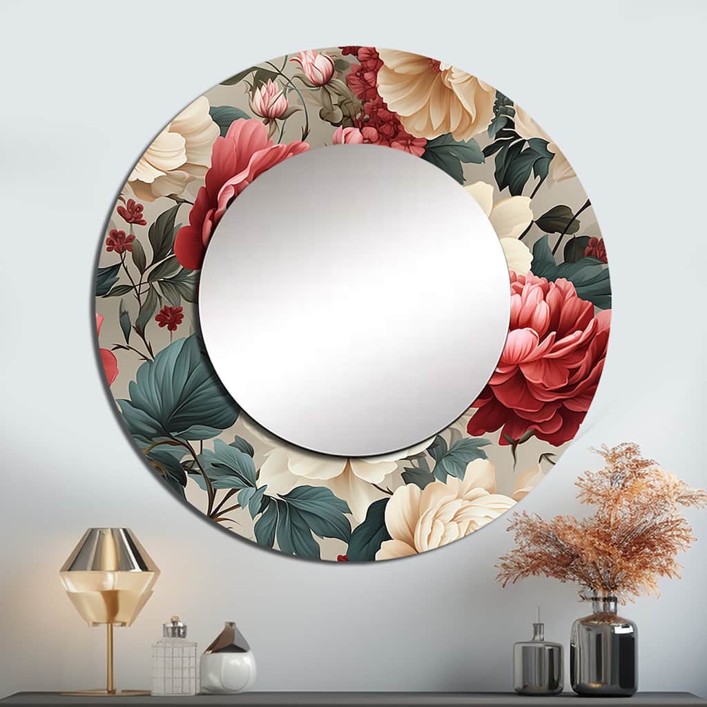 Designart "Antique Rose Muted Green Garden" Floral Living Room Mirror - Green Traditional Round Mirror