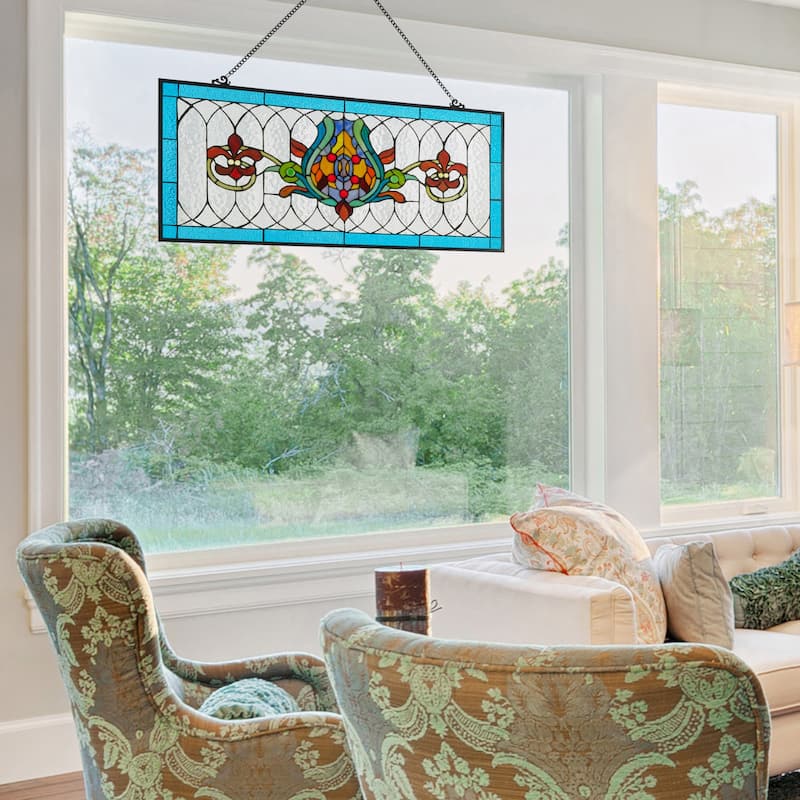 River of Goods Fleur De Lis Stained Glass Pub Window Panel - 30"L x 0.25"W x 14"H