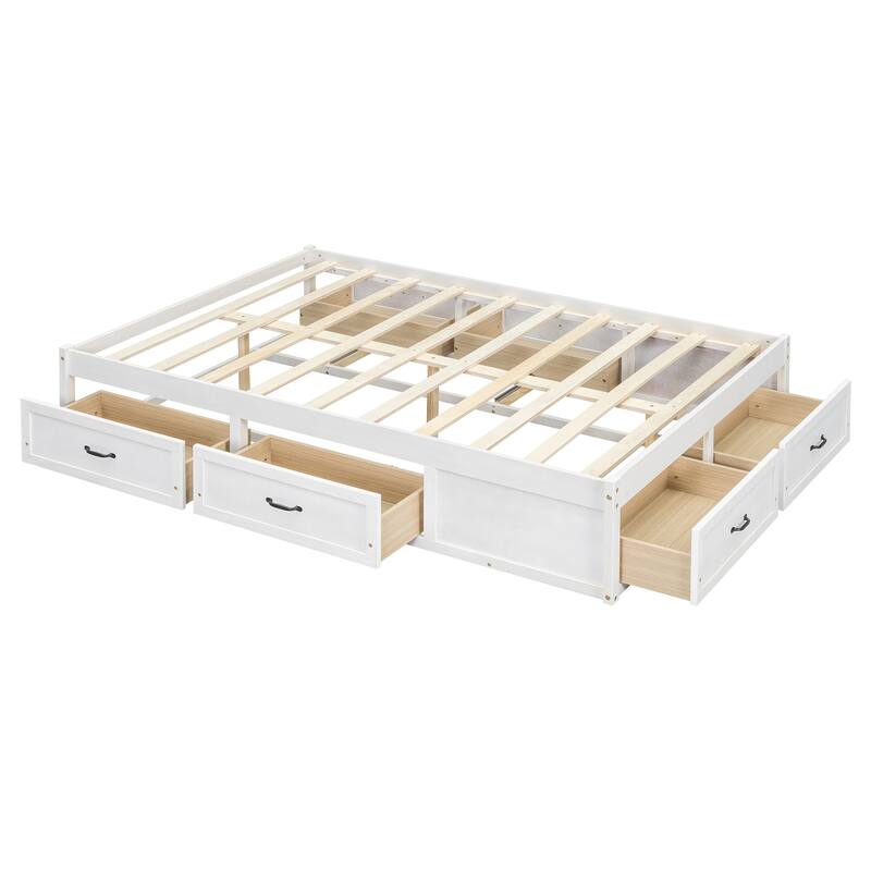 Full Size Platform Bed with 6 Storage Drawers, Antique White