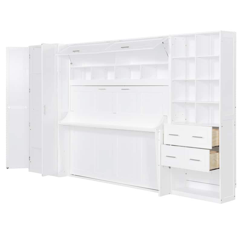 Full Size Murphy Bed with Built-In Wardrobe and Storage Drawers - Space-Saving Foldable Cabinet Design