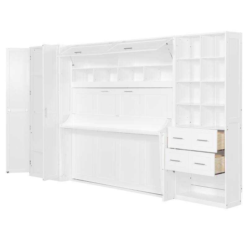 Full Size Wall Bed with Closet, Drawers, and Shelves in White