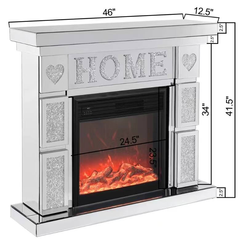 Freestanding Silver TV Fireplace Cabinet with 3D Realistic LED Flames, Acrylic Crystal Design, and Remote Control