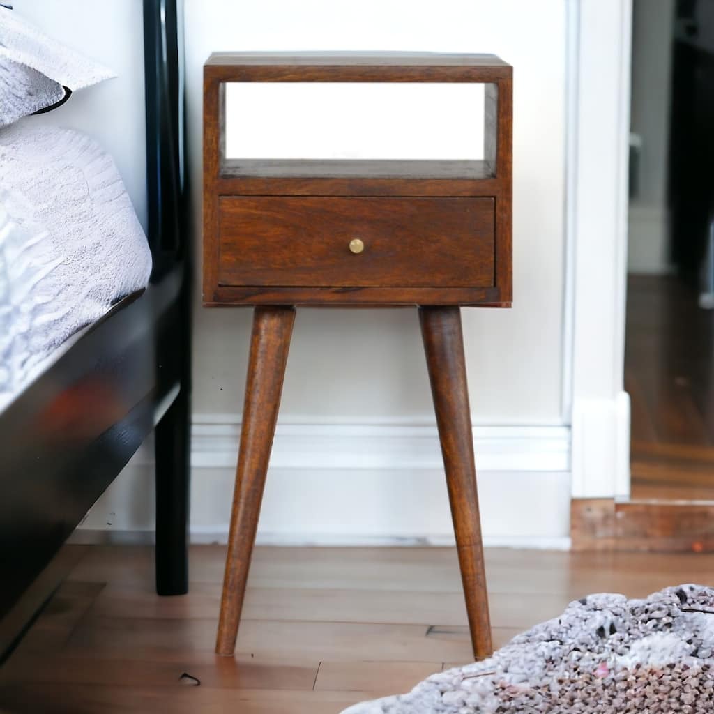 Mini Solid Wood Nightstand with Drawer, Open Slot, and Nordic Legs