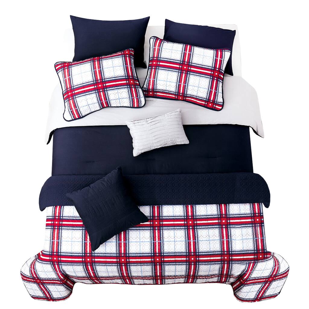 6 Piece Twin Comforter and Coverlet Set with Plaids Pattern, Navy Blue