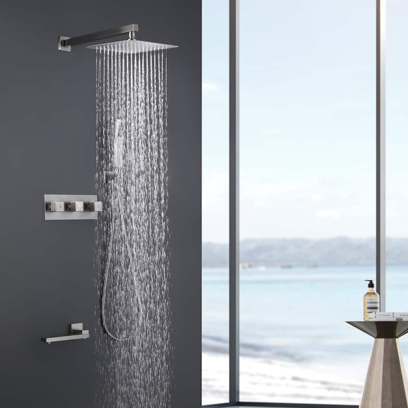 TrustMade 3 Function Temperature Control Complete Shower System with Rough-in Valve, 10 inches Brushed Nickel - 3W01 - Cement Grey