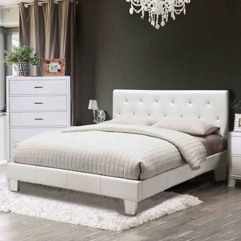 Contemporary White Finish 1pc Bed Fully Upholstered Button Tufted
