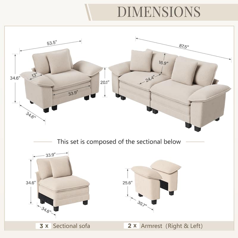 MAISON ARTS 2-Piece Chenille & Corduroy Sofa Set, Comfy 3/4/5-Seater Modular Loveseat & Armchair with Throw Pillows