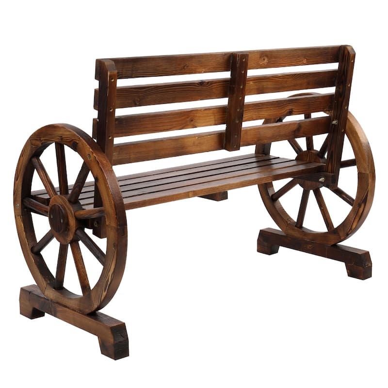 2-Person Wooden Wagon Wheel Bench with Slatted Seat and Backrest