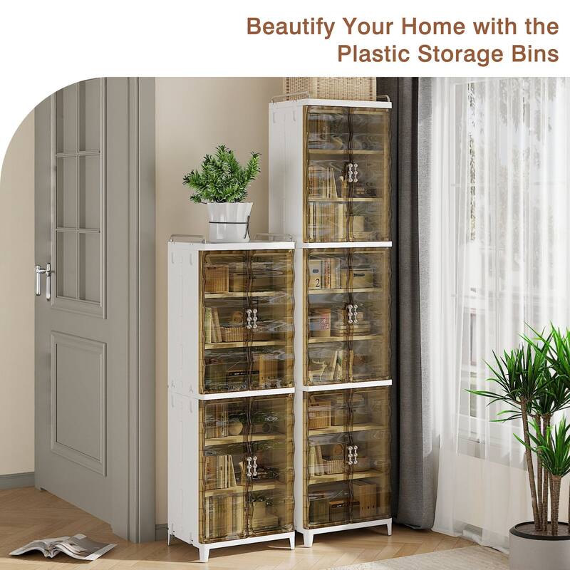 VECELO 2/3-Tier Plastic Storage Cabinet with Transparent Tea-Colored Doors Quick No-Tools Assembly Multi-Purpose Organization