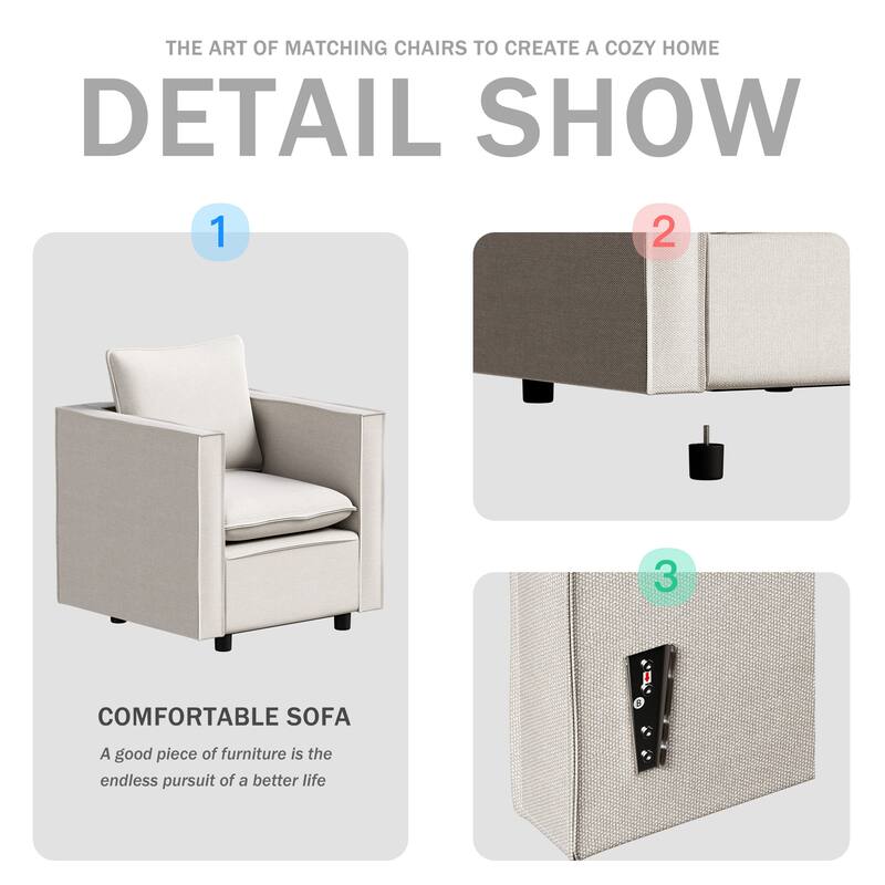 Linen Fabric Single Sofa Chair, Comfy Upholstered Reading Armchair, Modern Decorative Chair for Bedroom, Reading Room