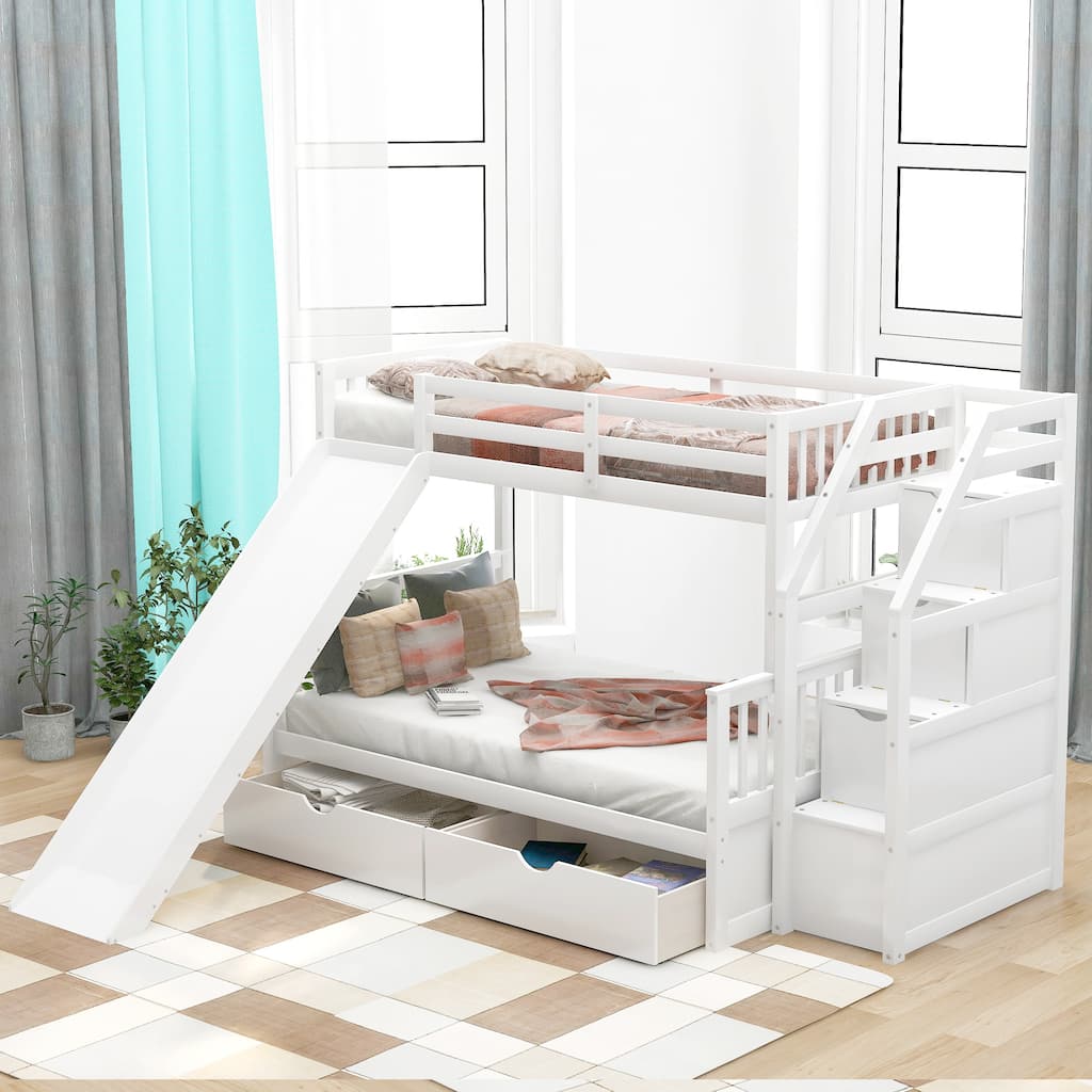 Multifunctional Twin over Full Bunk Bed with Drawers, Storage, and Slide, White