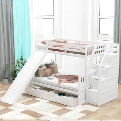Multifunctional Twin over Full Bunk Bed with Slide, Drawers, and Storage