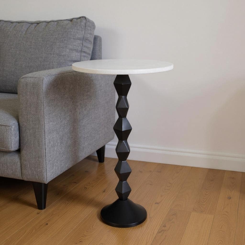 HomeRoots 25" White and Black Marble and Aluminum Round Pedestal End Table - 12.00 in. x 24.75 in. x 12.00 in.