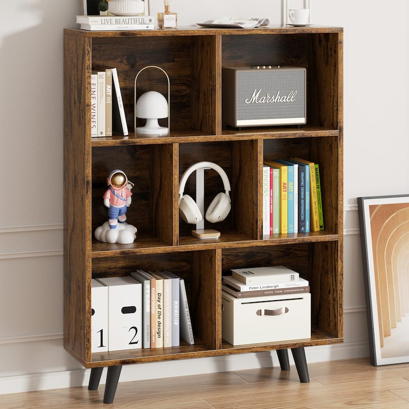 7 Cube Bookshelf, 3 Tier Storage Bookcase with Legs - Rustic Brown
