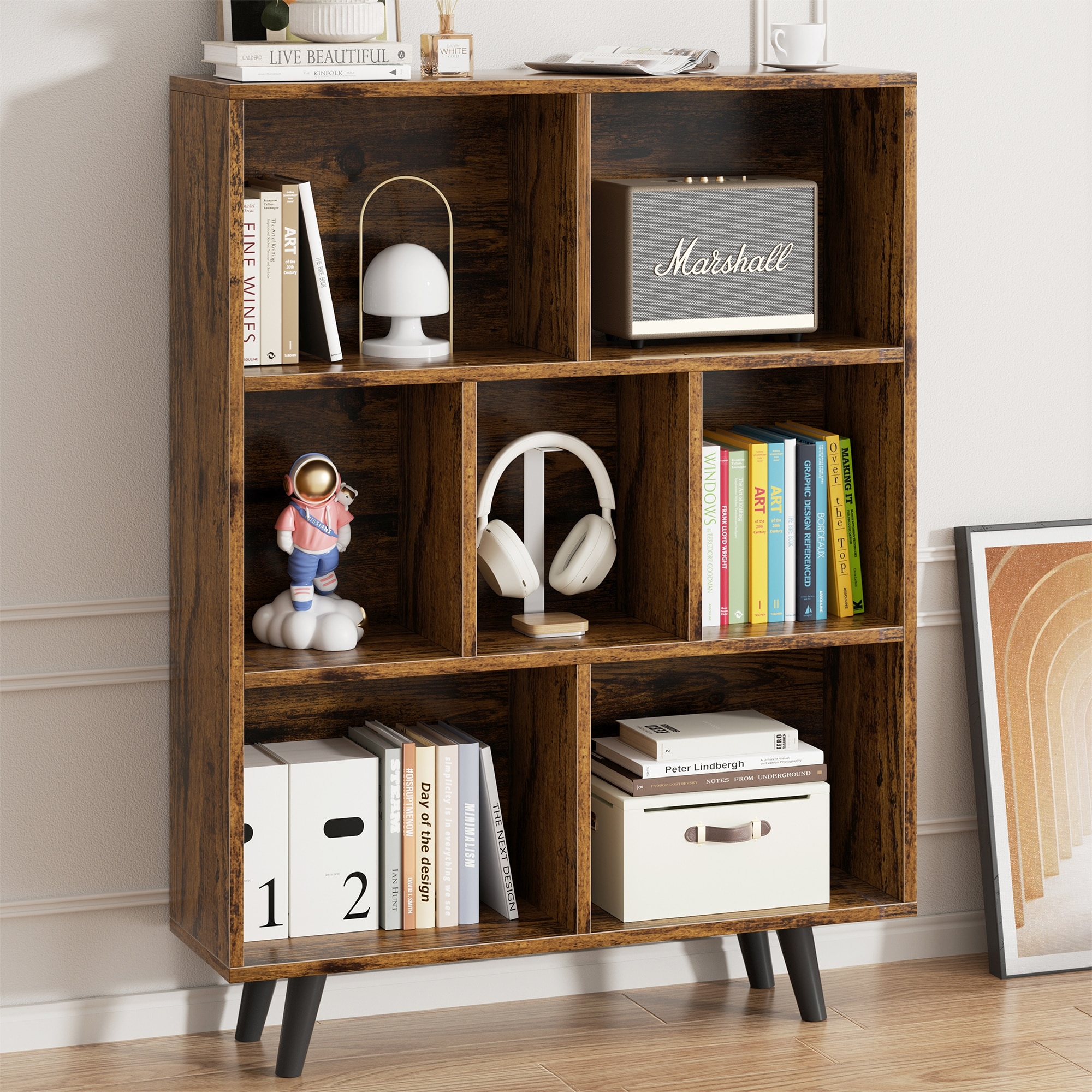 Wooden 7 Cube Bookshelf, 3-Tier Storage Bookcase - On Sale