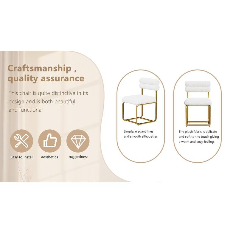 Teddy Cloth 2 Piece Kitchen Dining Chair Set with Round Thick Upholstered, Gold Metal Legs for Dining Room Living Room Bedroom