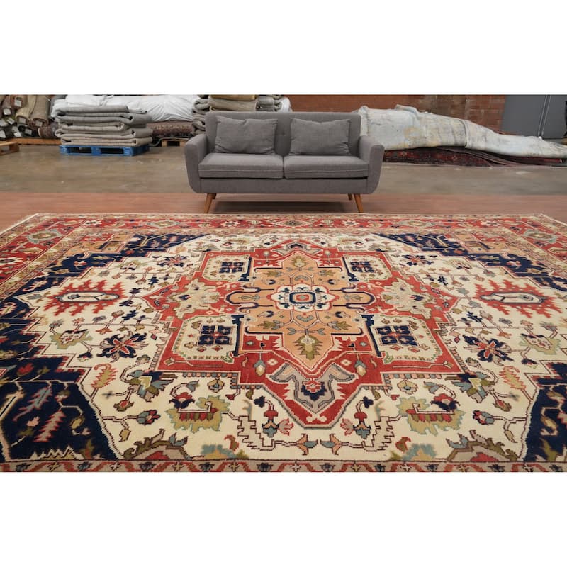 Hand Knotted Oriental 100% Wool Carpet Traditional Medallion Beige & Ivories Heriz (serapi) Area Rug - 14' 7'' X 11' 10''