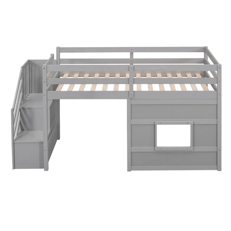 Twin Size Low Loft Bed with Storage Staircase and Window, Wooden Loft Bed Frame with Full Length Guardrail and Slat Support