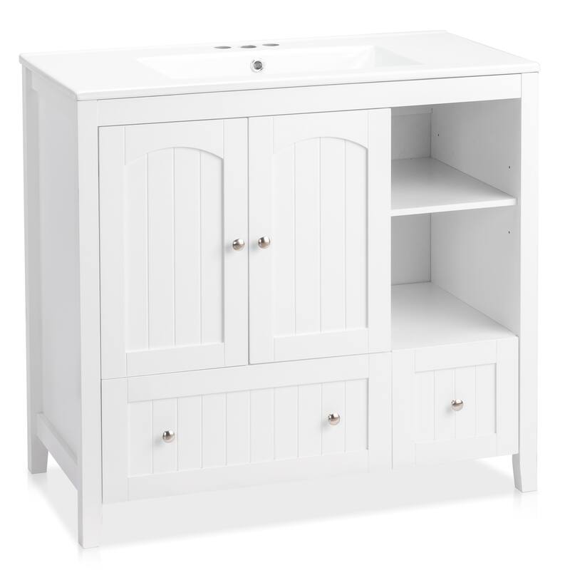 Modern Lacquered Bathroom Organizer Cabinet with Two Drawers and Dual Doors for Storage - 35.82”(H) x 18.11(W) x 32.28 (D)