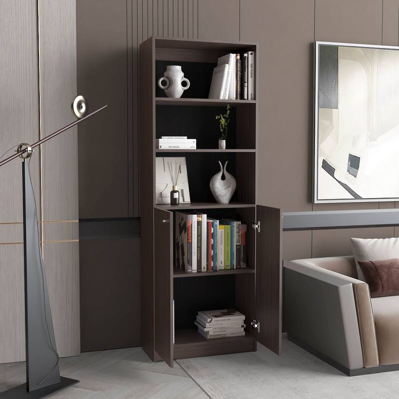 Home 2 Door Bookcase With Two Open Shelves And Concealed Storage,Stained Walnut