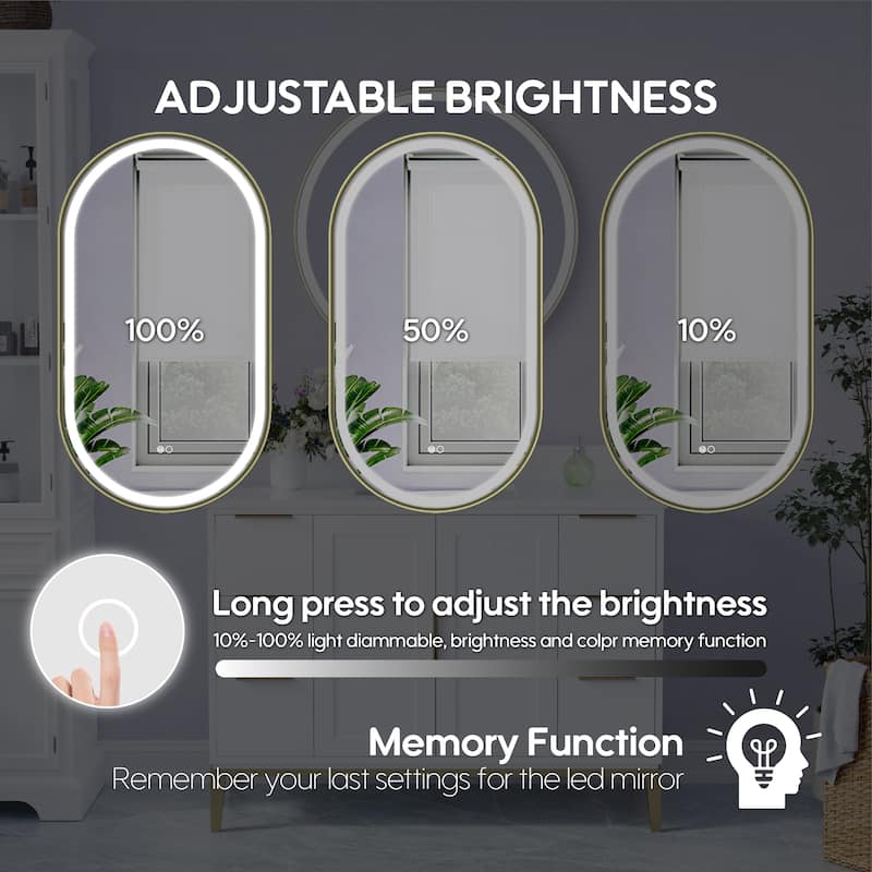 36"H Wall Mounted Bathroom Framed LED Mirror With Memory Function
