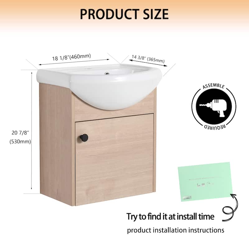 Malwee 18" Floating Bathroom Vanity, Mini Wall Mounted Bathroom Vanity with Ceramic Oval Sink and Soft Close Door