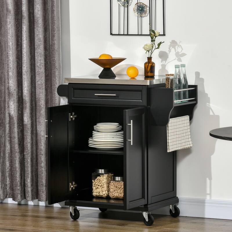 Kitchen Island with Stainless Steel Countertop, Rolling Island Cart on Wheels, Kitchen Cart with Drawer & 2-Tier Shelf