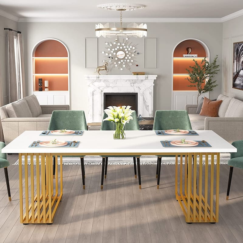 70.9" Modern Office Desk, White Executive Desk with Gold Metal Frame