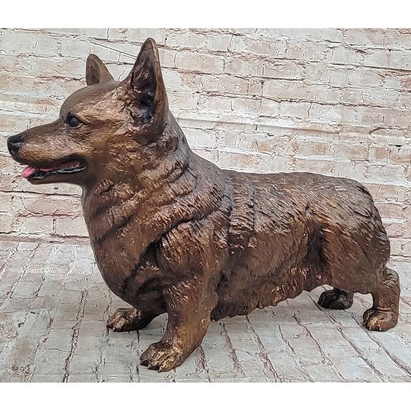 Bronze Metal Corgi Imitative Dog Sculpture Statue Figurine Collectible Decor Signed Art
